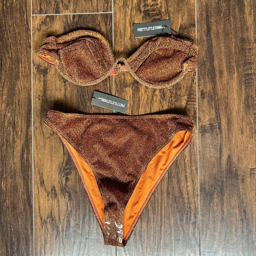 NWT Rust Glitter High Waist High Leg Bikini (top 14 & bottom 12) - Picture 6 of 7